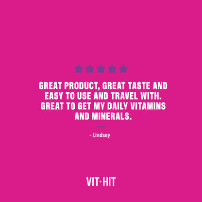 A pink graphic with a five-star rating and a customer review quote from Lindsey in white text, with the brand name VIT-HIT at the bottom.