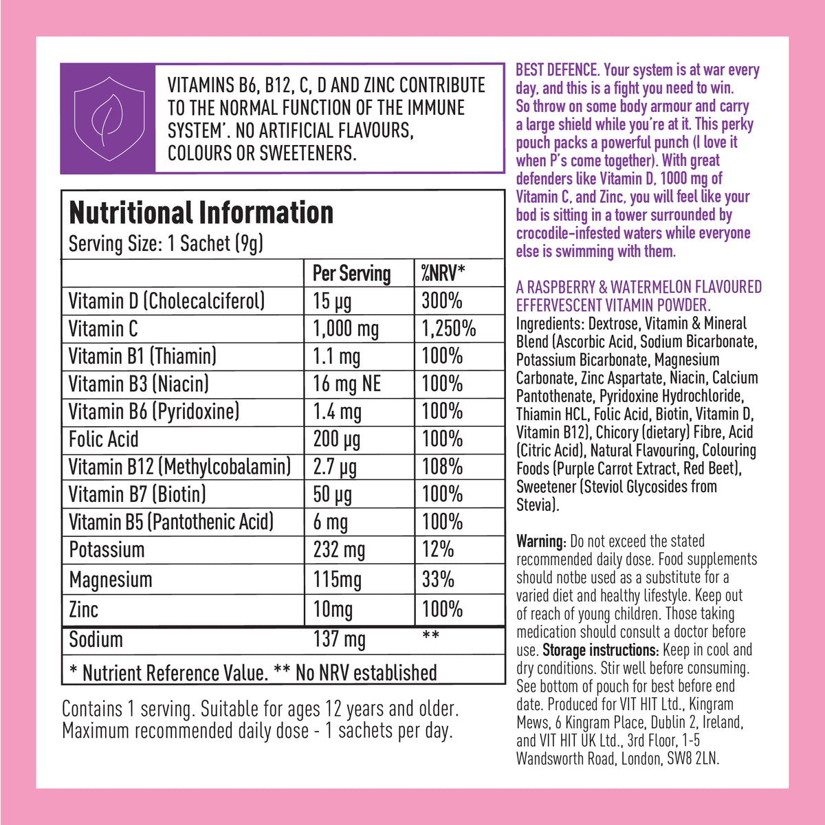 A square informational supplement facts panel for Vitamins B12, B6, C, D and Zinc, featuring a white background with black text and a blue brand logo at the top left.